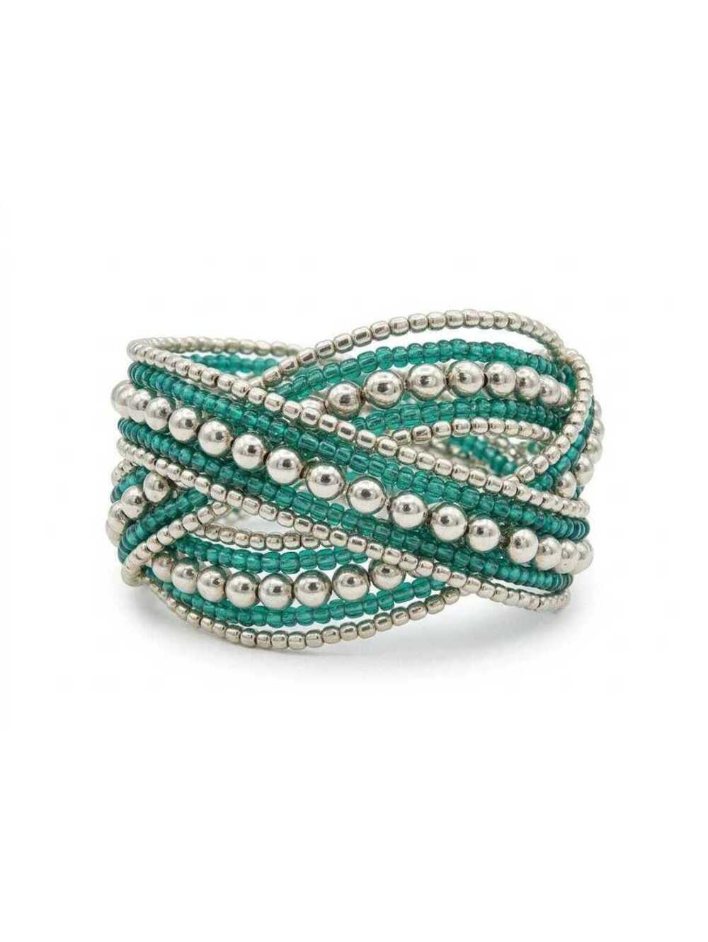 Boho Teal and Silver Beaded Multi Strand Wrap Bracelet - Wide Statement Cuff